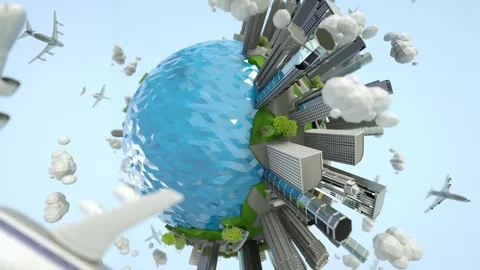 Low Poly Industrial Planet Turns Around. Multiple Cars and Planes Moves. Stock Footage 75751432