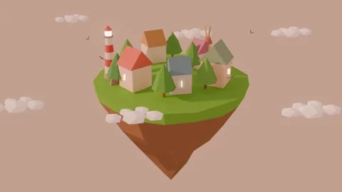 Low poly island flying in the sky among the clouds able to loop endless Stock Footage 336363938