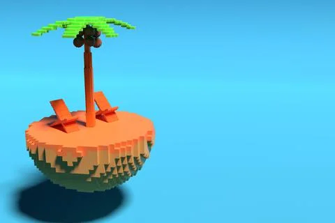 Low poly island with palm tree and sun lounger on blue background. The concep Stock Illustration