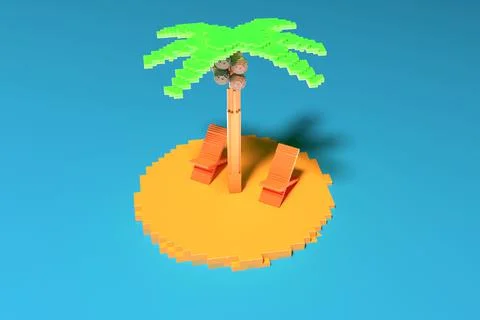 Low poly island with palm tree and sun lounger on blue background. The concep Stock Illustration