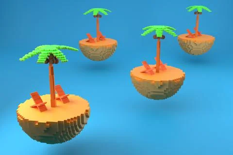Low poly islands with palm tree and deck chair on blue background. The concep Stock Illustration