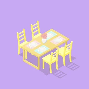 Low poly isometric dining table with chairs Stock Illustration