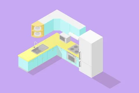 Low poly isometric kitchen set Stock Illustration