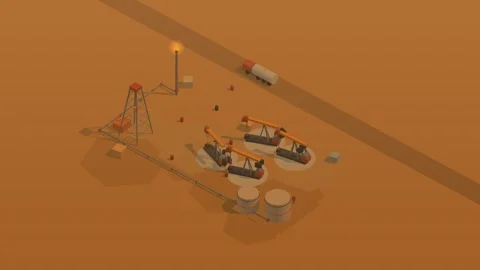 Low poly isometric oil field at golden sunset Stock Footage 340198395