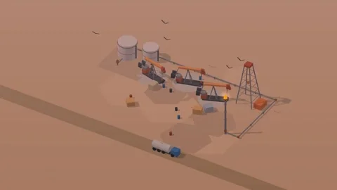 Low poly isometric oil field at pink dawn Stock Footage 340405566