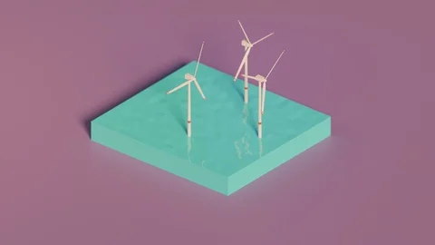 Low poly isometric wind turbines on water. 3d animation, tracking shot Stock Footage 114687455