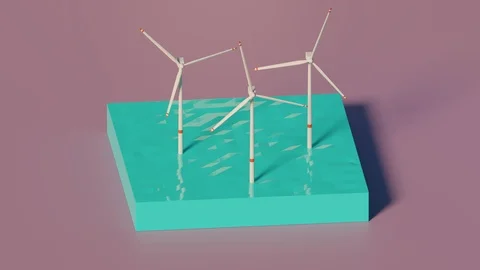 Low poly isometric wind turbines on water. 3d animation, slow down tracking shot Stock Footage 114879409
