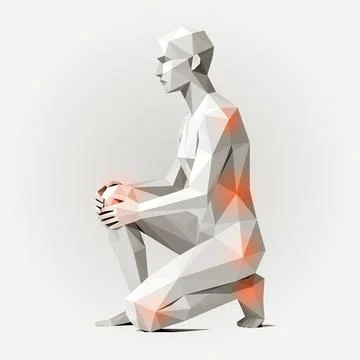 Low-Poly Kneeling Man, Abstract Geometric Figure with Orange Highlights for.. Stock Illustration