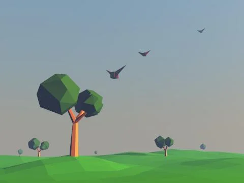 Low poly landscape with fields and trees. Nature scene at sunset, flying birds Stock Illustration