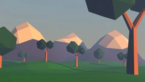 Low poly landscape with mountains and trees. Nature scene at sunset. 3d render Stock Illustration