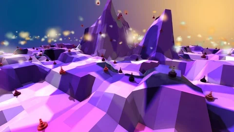 Low poly landscape with mountains trees and green hills polygon cartoon 3d rende Stock Footage 105981643