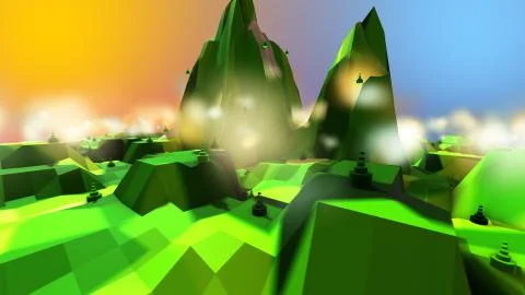 Low poly landscape with mountains trees and green hills polygon cartoon 3d Stock Illustration