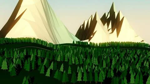Low poly landscape. The trees, the mountains and the road Low poly landsca... Stock Photos