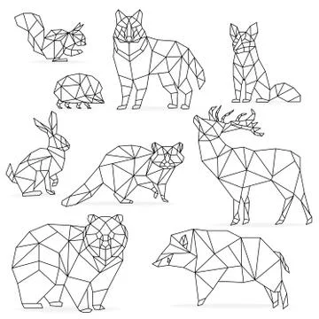 Low poly line animals set. Origami poligonal line animals. Wolf bear deer wild Stock Illustration