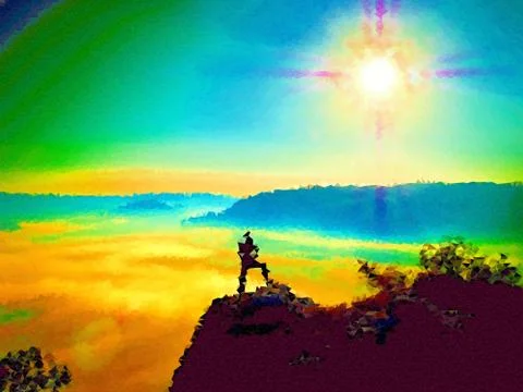 Low poly. LLooking to horizon. Man on a rock  looking to horizon. Illustration