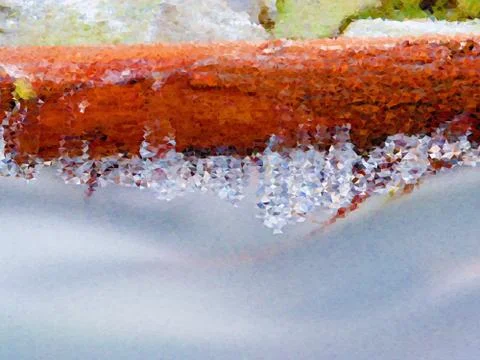 Low poly. Long icicles hang above dark cold water of mountain river. Icicles  Ilustração Stock