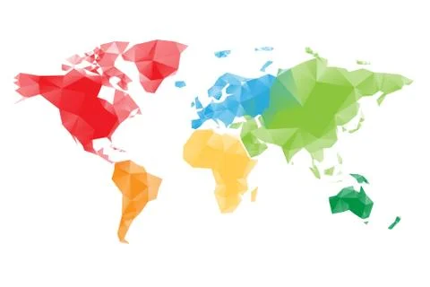 Low poly map of World divided into six continents by color. Polygonal vector Stock Illustration