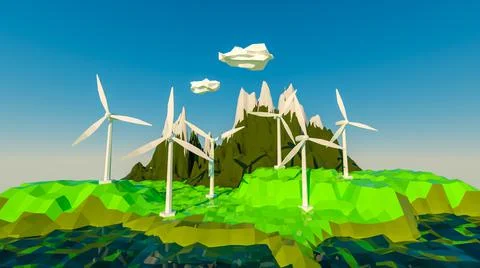 Low poly model of a wind farm on a low poly landscape. alternative energy con Stock Illustration