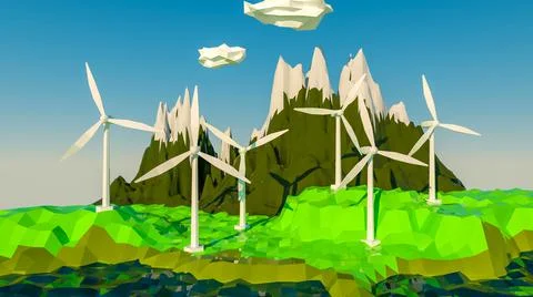 Low poly model of a wind farm on a low poly landscape. alternative energy con Stock Illustration