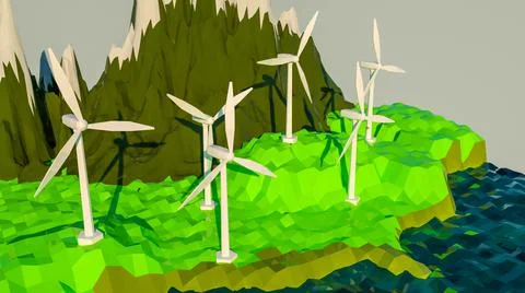 Low poly model of a wind farm on a low poly landscape. alternative energy con Stock Illustration