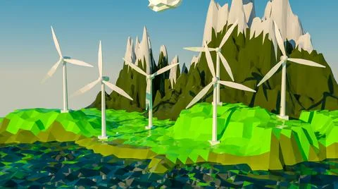 Low poly model of a wind farm on a low poly landscape. alternative energy con Stock Illustration