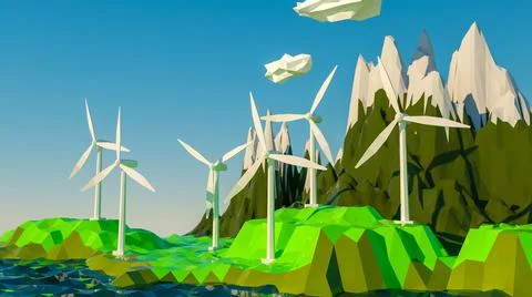 Low poly model of a wind farm on a low poly landscape. alternative energy con Stock Illustration