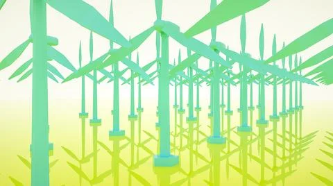 Low poly model of a wind farm on a yellow background. alternative energy conc Stock Illustration
