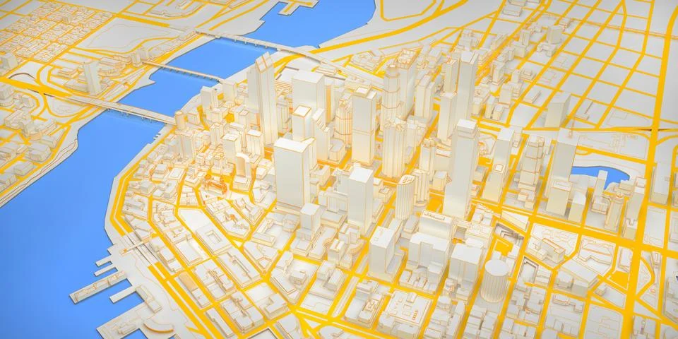 Low poly modern downtown with river above view Ilustração Stock