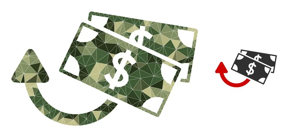 Low-Poly Mosaic Dollar Banknotes Refund Icon in Camo Army Colors Stock Illustration