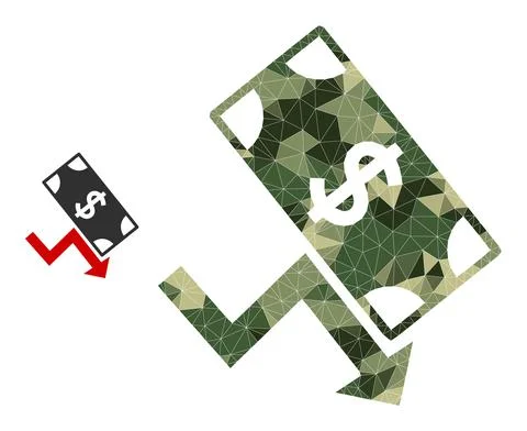 Low-Poly Mosaic Dollar Down Trend Icon in Camouflage Army Color Hues Stock Illustration