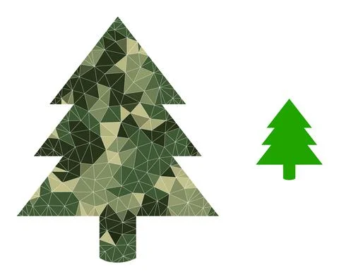 Low-Poly Mosaic Fir Tree Icon in Camouflage Army Color Hues Stock Illustration