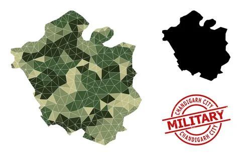 Low-Poly Mosaic Map of Chandigarh City and Distress Military Seal Stock Illustration