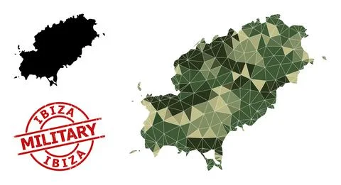 Low-Poly Mosaic Map of Ibiza Island and Distress Military Seal Stock Illustration