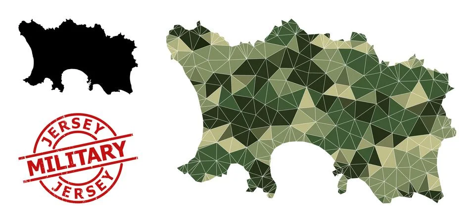 Low-Poly Mosaic Map of Jersey Island and Distress Military Badge Stock Illustration