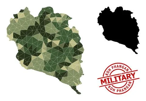 Low-Poly Mosaic Map of Koh Phangan and Grunge Military Stamp Stock Illustration