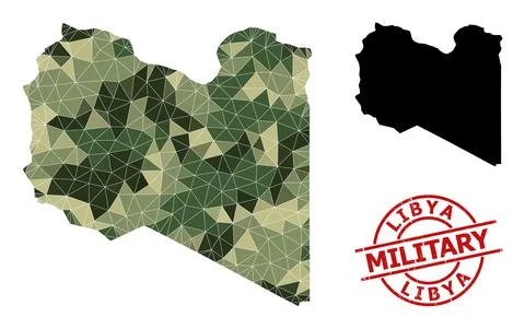 Low-Poly Mosaic Map of Libya and Distress Military Seal Stock Illustration