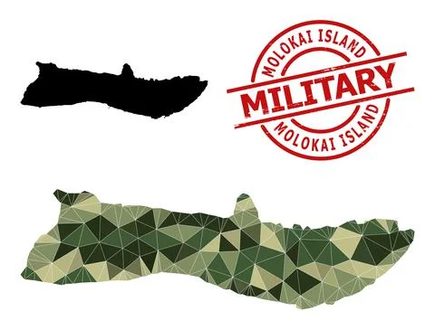 Low-Poly Mosaic Map of Molokai Island and Grunge Military Stamp Seal Stock Illustration