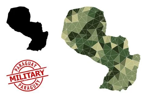 Low-Poly Mosaic Map of Paraguay and Distress Military Seal 库存插图