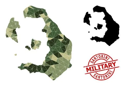 Low-Poly Mosaic Map of Santorini Island and Distress Military Watermark Stock Illustration