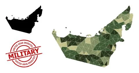 Low-Poly Mosaic Map of United Arab Emirates and Grunge Military Stamp Illustrazione stock