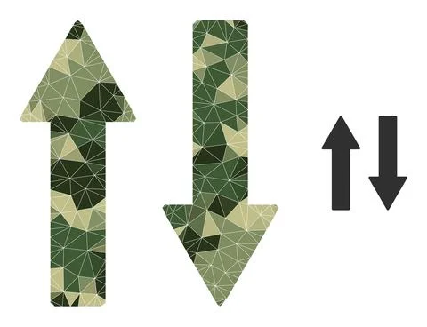 Low-Poly Mosaic Vertical Exchange Arrows Icon in Camouflage Army Colors Stock Illustration