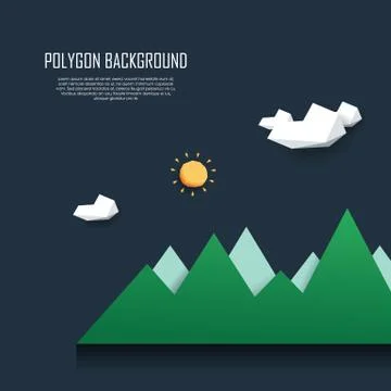 Low poly mountain landscape. 3d polygonal nature scene with clouds and sun Stock Illustration