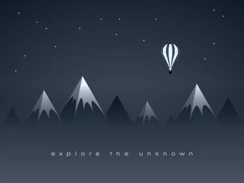 Low poly mountains night landscape and flying balloon vector background with Stock Illustration
