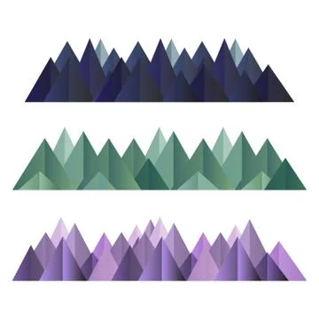 Low poly mountains ranges in different colors set. Vector polygonal shapes Stock Illustration