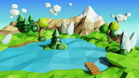 Low Poly Nature Scenery, Low Polygonal Style, Suitable for Banner, Poster, .. Stock Illustration