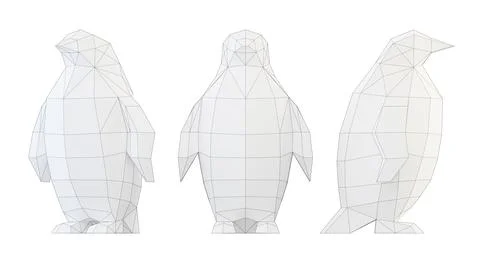 Low poly Penguin isolated on white, polygonal animal, papercraft, 3d render Stock Illustration