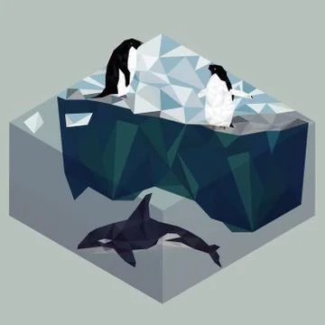 Low poly penguins and orca, seascape poster Illustrazione stock