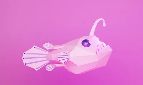 Low poly pink angry deep-sea angler fish with sharp teeth, 3d illustration Illustrazione stock