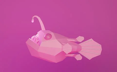 Low poly pink angry deep-sea angler fish with sharp teeth, 3d illustration Stock Illustration
