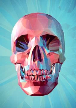 Low poly pink skull on turquoise background Illustrazione stock